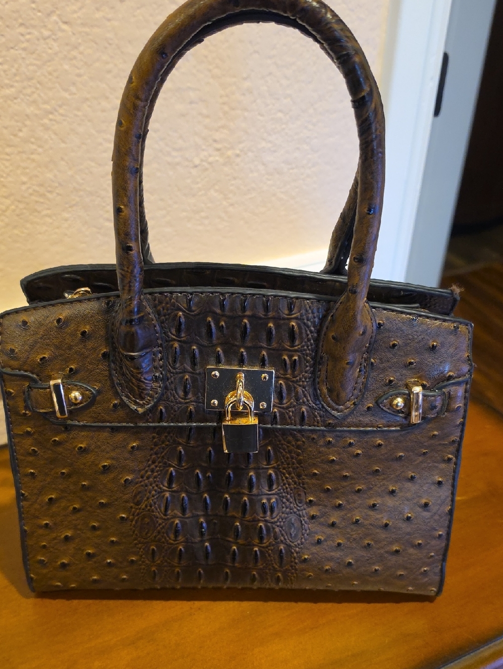 Brown Faux Ostrich Structured Satchel Handbag